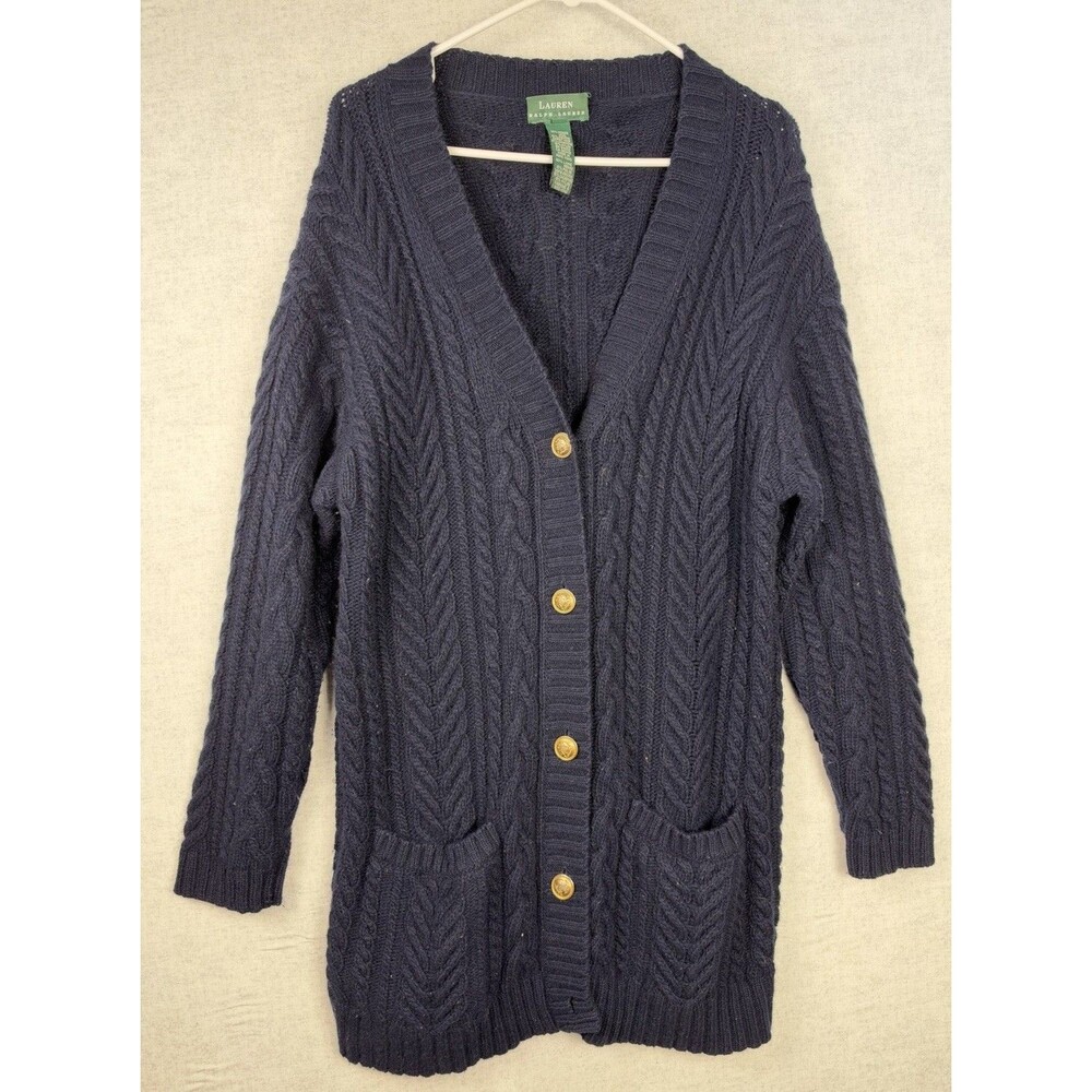 Ralph Lauren Womens Navy Cardigan Wool Cashmere Blend Size S Chunky Cable Knit